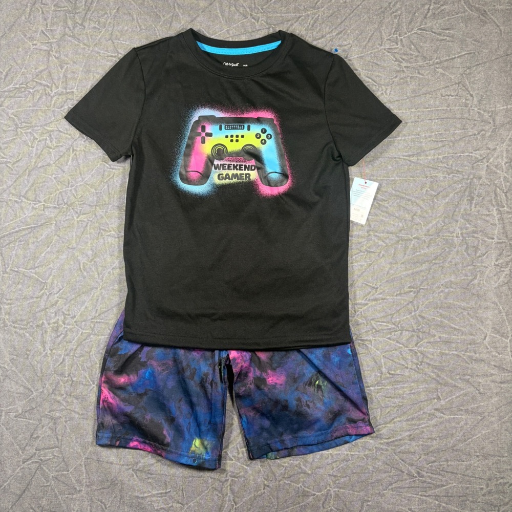 Cat & Jack Boys Weekend Gamer Pajama Set Size M 8 Black Neon Galaxy Shorts NWT